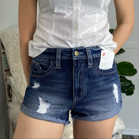 Jean distressed blue stretch shorts - Picture 1 of 9